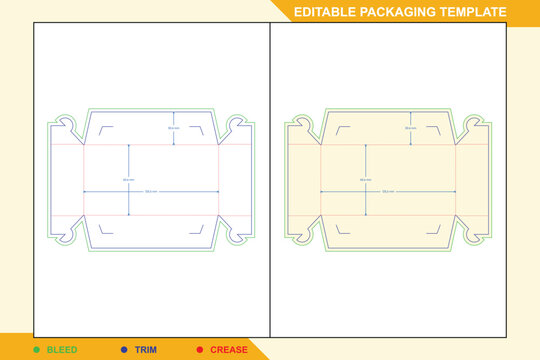 Tray box dieline template with buckle lock structure, featuring labeled bleed, trim, and crease lines with precise millimeter measurements for packaging