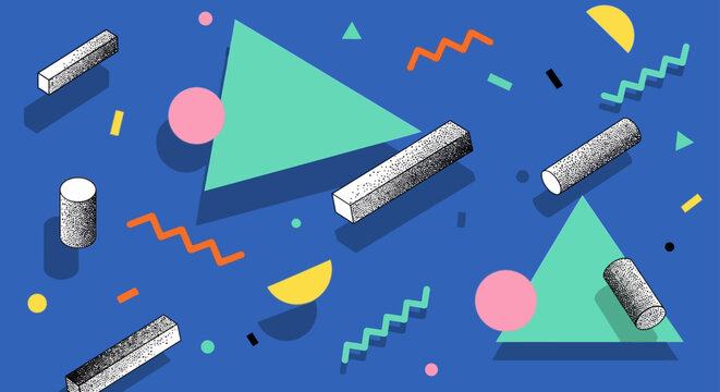 abstract memphis style geometric shapes and 3d objects background