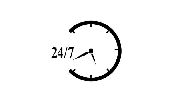 24 hours 7 days clock timer icon animation,All time service concept watch on white background.