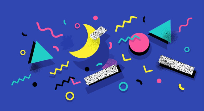 abstract geometric shapes in a colorful memphis design pattern creating a vibrant retro background ideal for fashion and web design