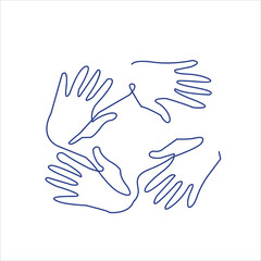 Fototapeta premium single line art of four hands holding together in round shape symbolize solidarity and unity, donation community vector illustration 