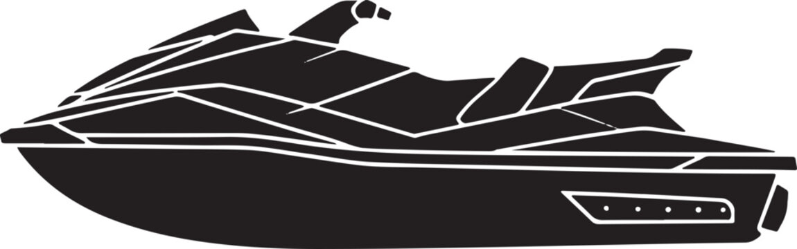 Jet ski personal watercraft silhouette side view in solid black on white background wave runner