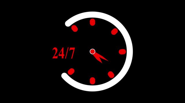 24/7 clock animation, 24 hours a day Service is open, all time service concept, analog clock animation on black background.
