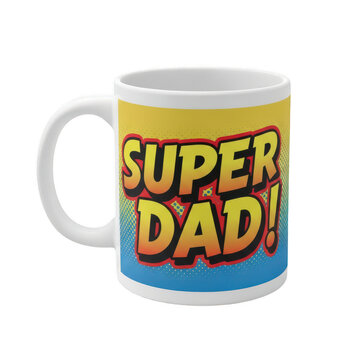 White ceramic mug with super dad comic text isolated on a transparent background