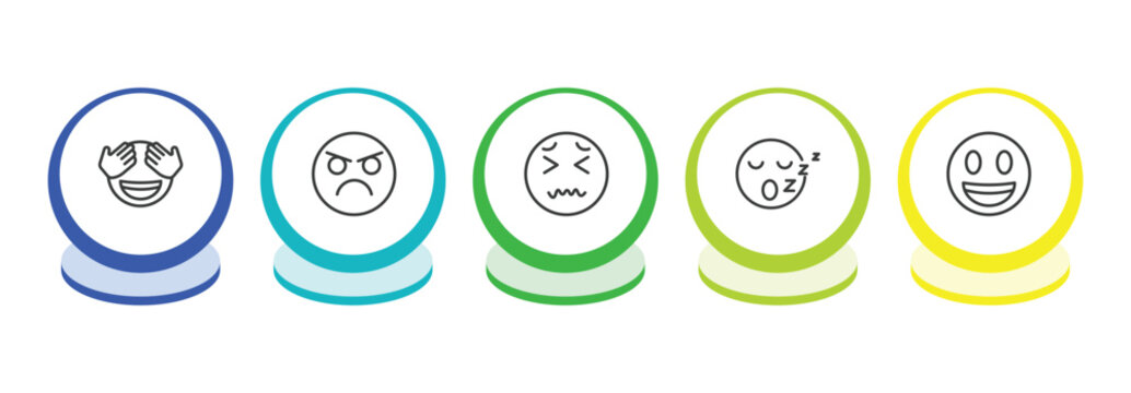 emoji outline icon set. thin line shy emoji, pouting emoji, disgusted sleep icons. editable vector