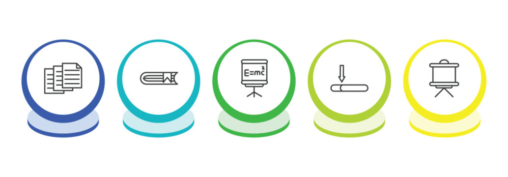education outline icon set. thin line archives, hardbound book, relativity formulae, window scrolling medium icons. editable vector