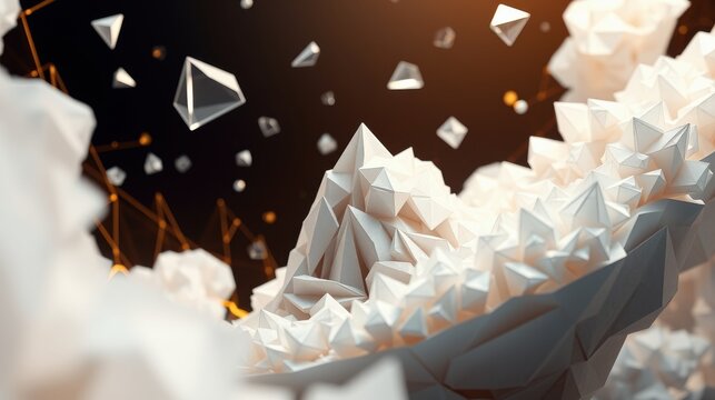 Abstract polygonal shapes, glowing lines, dark background. Minimalist design, geometric forms create dynamic composition. Warm tones dominate scene.
