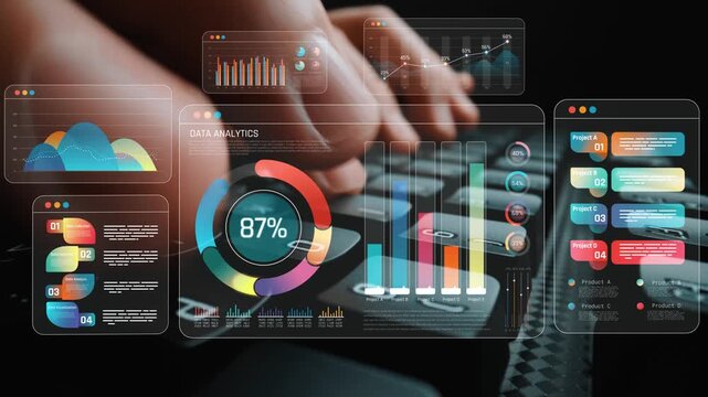 Hands typing on a keyboard with colorful data analytics graphics on a dark background displaying various charts, graphs, and statistics related to performance metrics Sigmoid