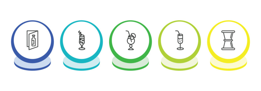 drinks outline icon set. thin line wine list, french 75, blue lagoon, ramos gin fizz icons. editable vector
