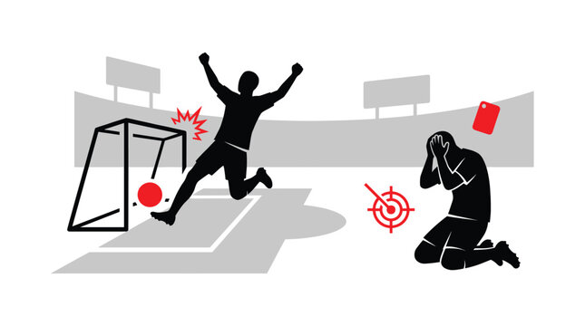 Soccer scene with scoring player and ejected opponent vector illustration football goal athlete stadium sports competition game match ejection redcard penalty referee silhouette graphic design