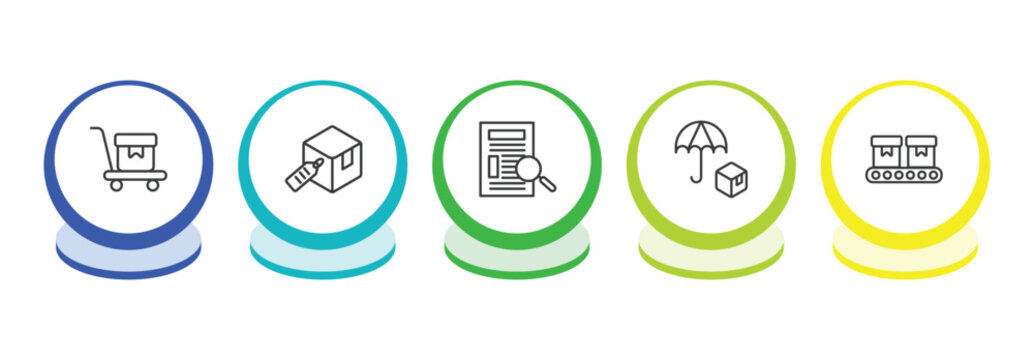 delivery and logistic outline icon set. thin line delivery cart, delivery tag, waybill, logistic umbrella icons. editable vector