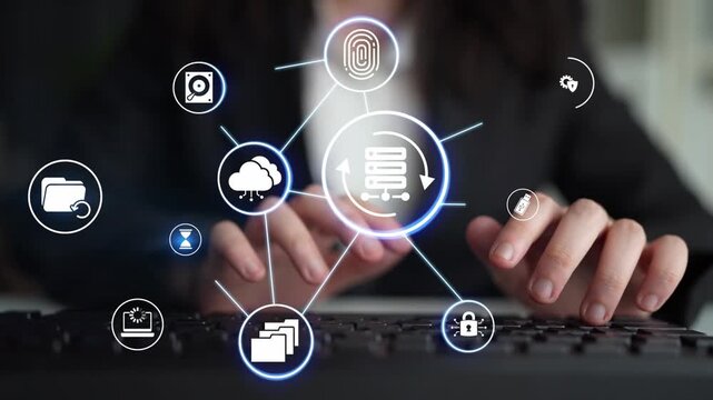 Data recovery icons show backup, data recovery process, and secure restoration. Data recovery ensures system reliability, data recovery protection, and information access. Funnel