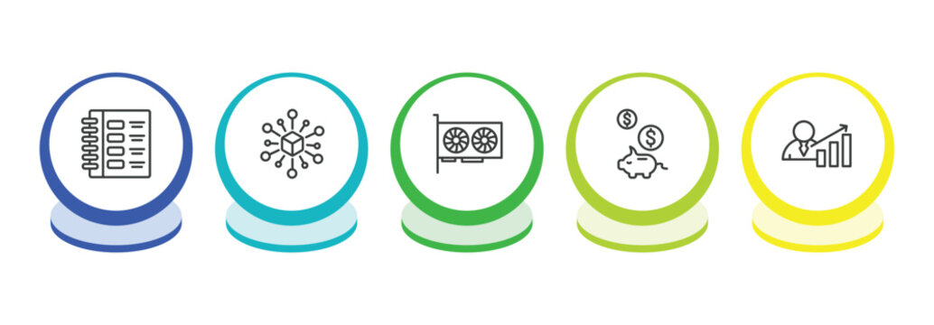cryptocurrency outline icon set. thin line ledger, decentralized, video card, piggy bank icons. editable vector