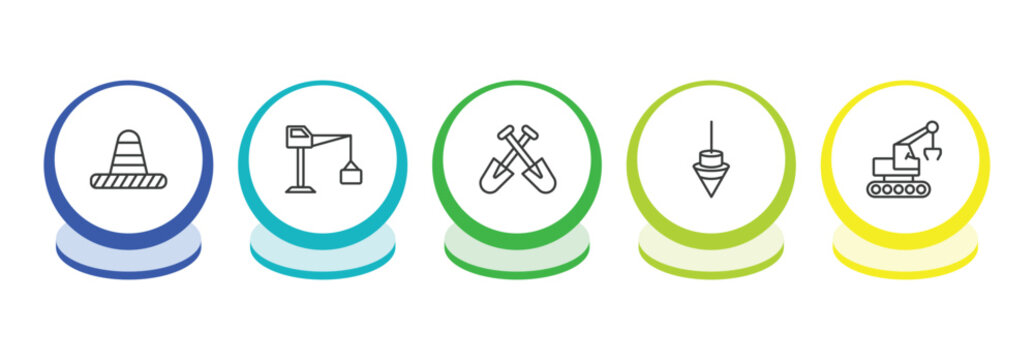 construction outline icon set. thin line traffic cone, big derrick with boxes, two shovels, plumb bob icons. editable vector