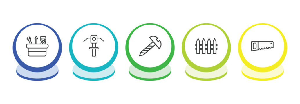 construction tools outline icon set. thin line tool box, inclined picker, screw, garden fence icons. editable vector