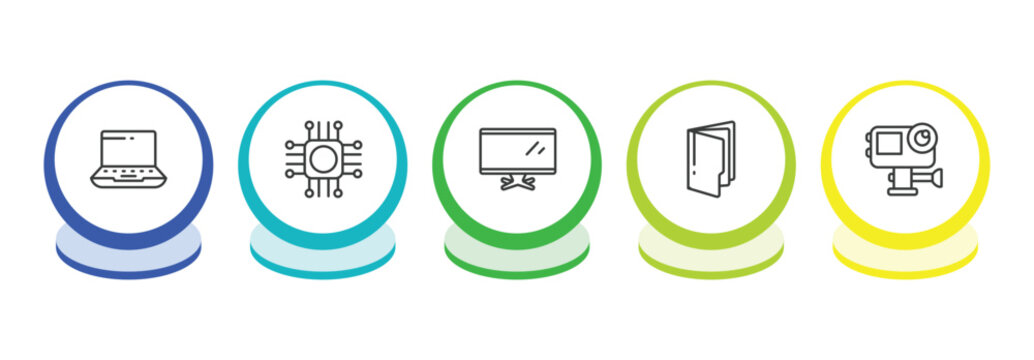 computer outline icon set. thin line widescreen laptop, computer chip, tv screen, computer folder icons. editable vector