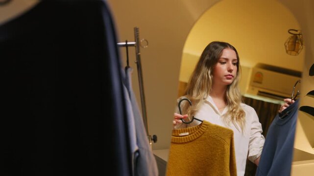 Businesswoman Choosing Outfit for Work at Home