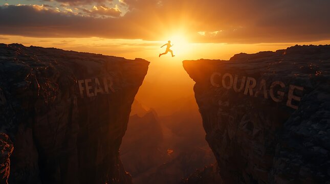 Man jumping from fear to courage over mountain chasm at sunset