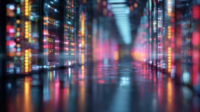 Futuristic data center interior with advanced server racks and vibrant neon lighting