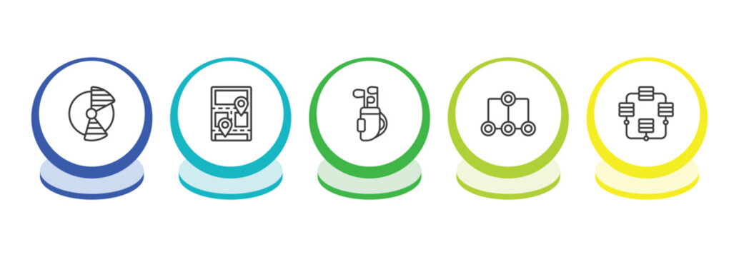 business and analytics outline icon set. thin line portion pie chart, 3d location graph, golf sticks, item connections icons. editable vector