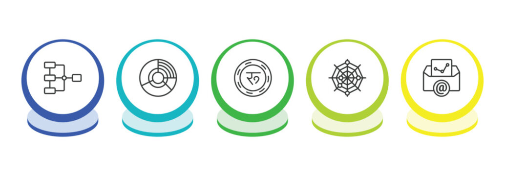 business and analytics outline icon set. thin line data analytics flow, circular chart, nepalese, spider chart icons. editable vector
