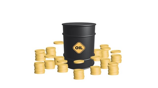 Crude oil price growth animation with oil barrel, stacking gold coins, and red upward arrow, static front view on white background