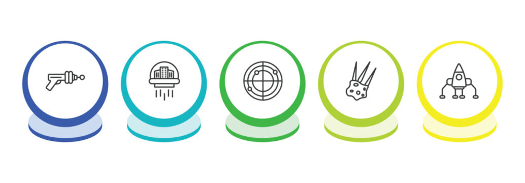 astronomy outline icon set. thin line gun blaster, space colony, radar system, aerolite icons. editable vector