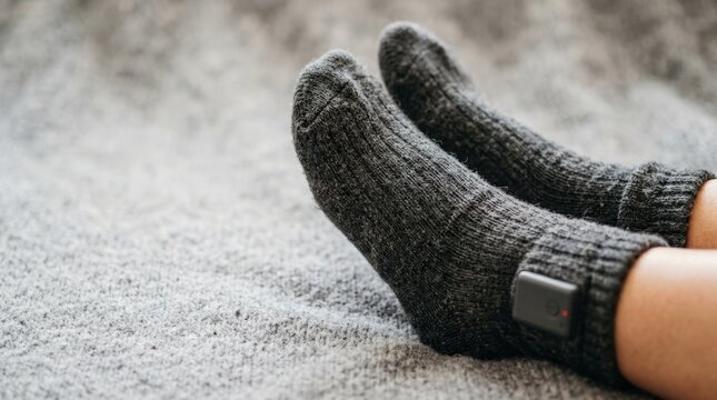 Cozy black socks with ribbed texture resting on soft grey surface. Black knitted socks offer warmth and comfort for chilly days. Ideal for winter fashion and lifestyle comfort themes.