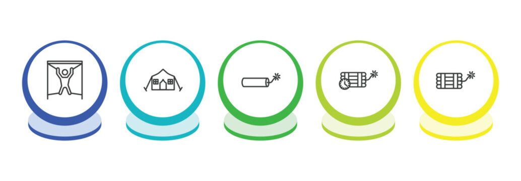 army and war outline icon set. thin line torture, militar tent, explosive, time bomb with clock icons. editable vector