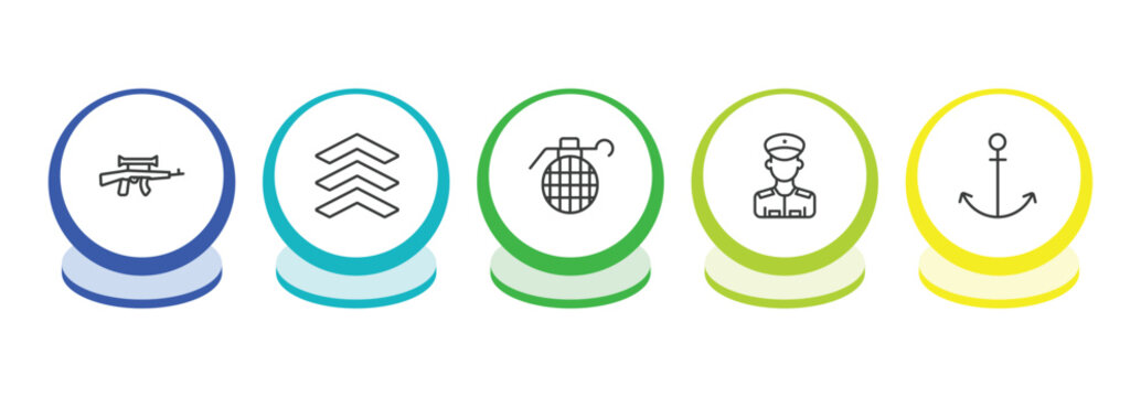 army and war outline icon set. thin line assault, chevrons, granade, lieutenant icons. editable vector