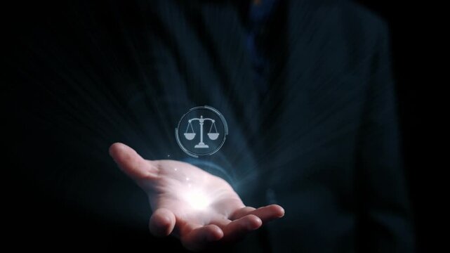 Futuristic digital law interface displaying justice scale, highlighting digital law, AI compliance, digital law systems, and digital law regulations for secure governance. Elide