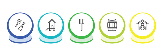 agriculture farming outline icon set. thin line farm tools, chicken coop, pitchfork, barrell icons. editable vector © Farahim