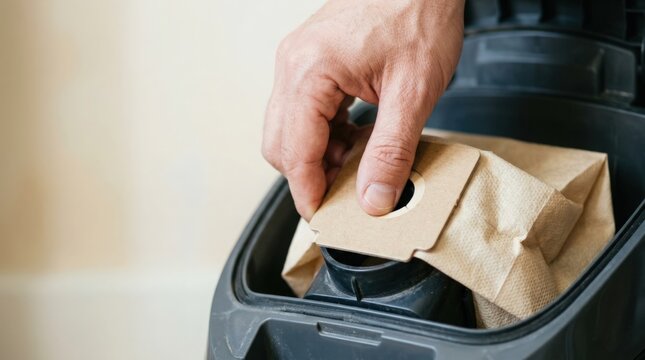 Hand placing paper bag in vacuum cleaner for optimal cleaning performance. Vacuum cleaner includes paper bag for dust and debris collection.
