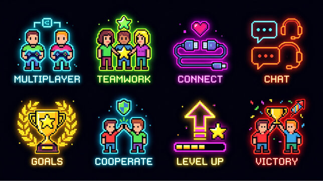 Neon Glowing Pixel Art Multiplayer Game Badges and Text Labels