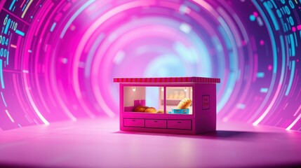 Obraz premium Pink food stand sits within vibrant circular tunnel. Neon lights create futuristic, immersive scene. Bakery items visible inside display case.