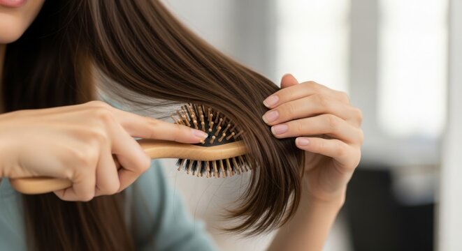 Hair care routine with young woman brushing long, glossy hair using wooden brush. Hair care includes gentle brushing techniques to maintain healthy locks.