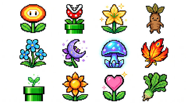 Pixel Art Fantasy Plants Flowers and Magic Mushroom Icons