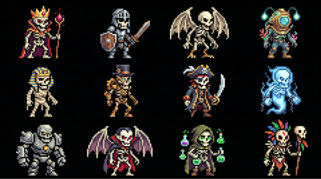 Pixel Art Skeleton and Undead Warrior Monster Sprite Set