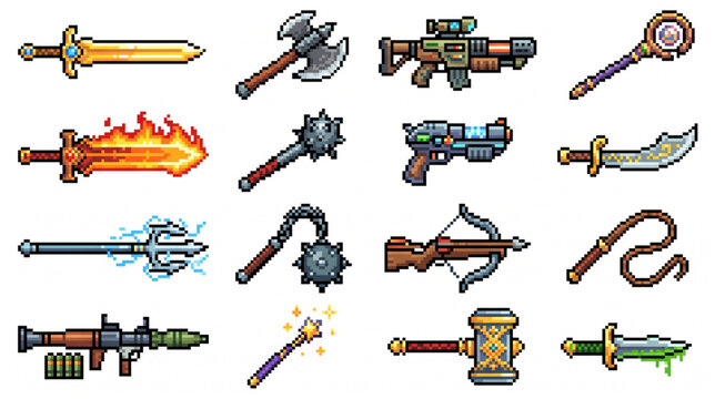 Pixel Art RPG Weapon Icons and Game Inventory Asset Set