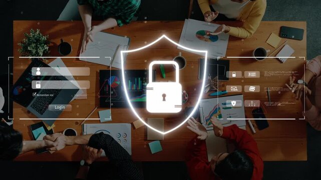 A diverse team engages in a collaborative meeting focused on data security strategies, highlighted by a lock icon symbolizing online safety and privacy. Raster