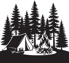 Obraz premium Camping tent and campfire in pine forest black silhouette