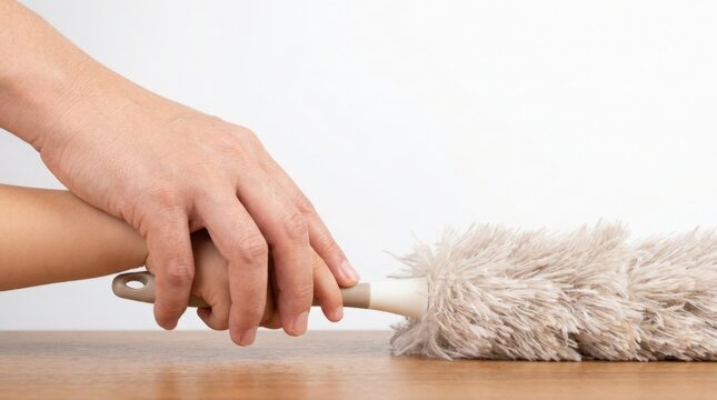 Cleaning action with hand holding fluffy duster on wooden surface. Cleaning process includes hand grasping duster for easy use on furniture and surfaces.