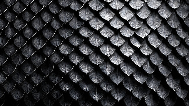 Metallic dragon scales texture, dark steel armor plating background, black overlapping scale pattern for fantasy design