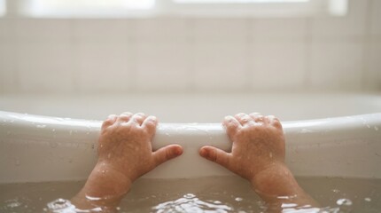 Fototapeta premium Baby hands holding bathtub edge during playful bath time, splashing water and enjoying moments of joy in the tub. Delightful baby bath experience using playful water activities for baby shower events.