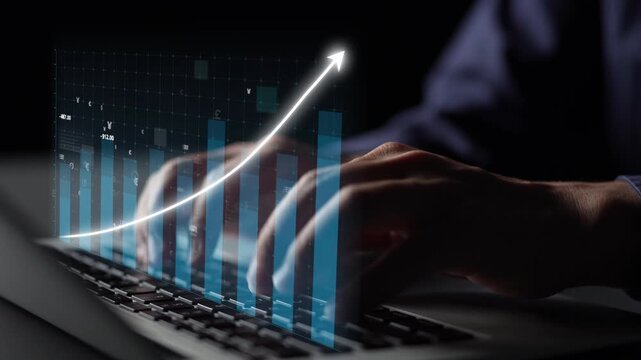 A focused businessman analyzes financial data on a laptop, showcasing growth trends with digital currency symbols, representing modern financial analysis and strategy. Copula