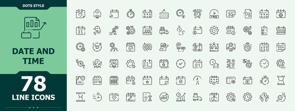 Date And Time simple icon set. Date icon set. Minimalist editable vector stroke. Containing calendar, watch, clock, date, timer, day and more. Editable stroke. Vector collection.