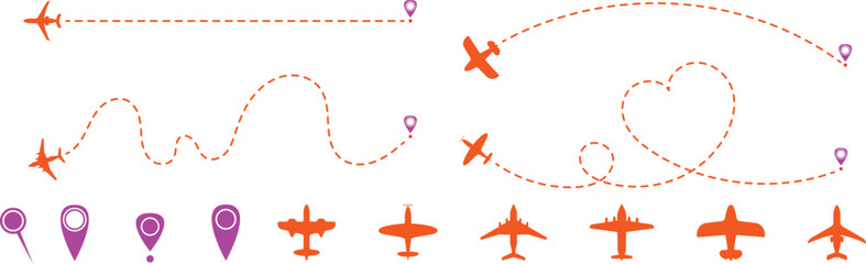 Minimal airplane route and flight path collection with dotted travel lines. Modern aviation doodle illustration set for tourism themes. Creative journey graphics with navigation icons. © Vivid Pixel Studio.