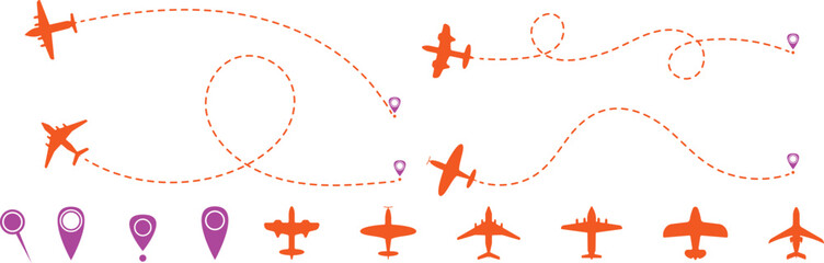 Minimal airplane route and flight path collection with dotted travel lines. Modern aviation doodle illustration set for tourism themes. Creative journey graphics with navigation icons. © Vivid Pixel Studio.