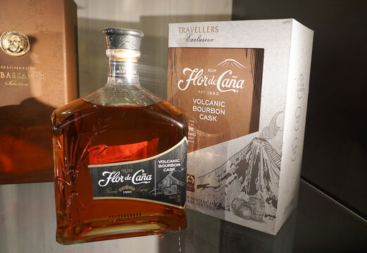 Corfu, Greece - May 6, 2026: Shop display of Flor de Cana Volcanic Bourbon Cask, aged rum from Nicaragua