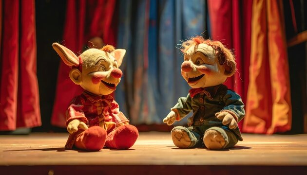 Colorful Vintage Puppets Sitting on Wooden Theater Stage with Red Curtains